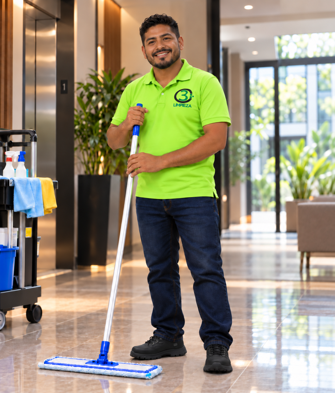 Integrante del equipo C3 en un lobby moderno, con uniforme verde y equipo de limpieza profesional