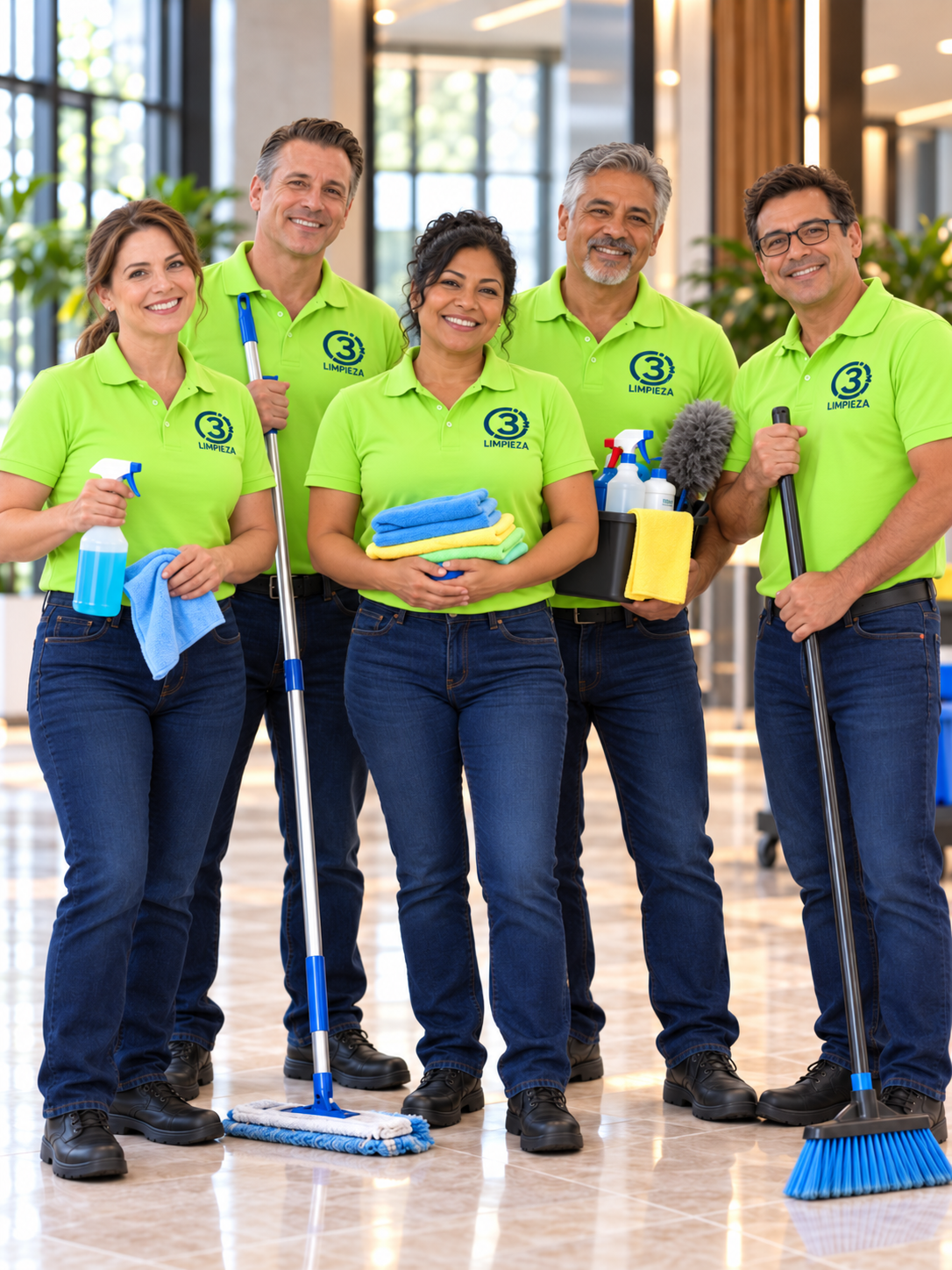 Equipo de cinco integrantes de C3 con distintos implementos de limpieza